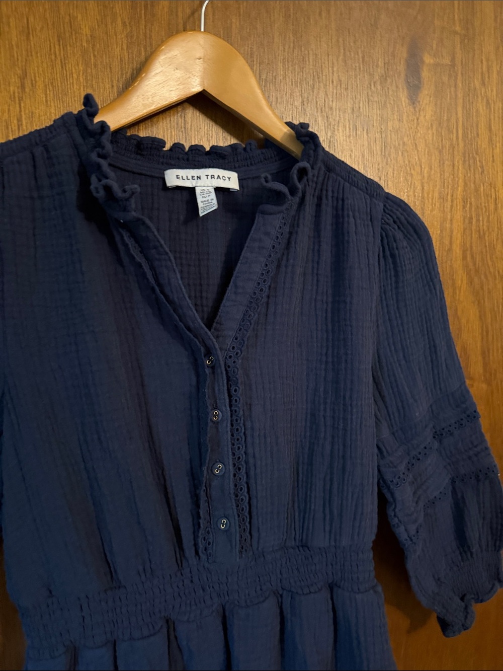 Ellen Tracy Navy Ruffled Button-Front Dress